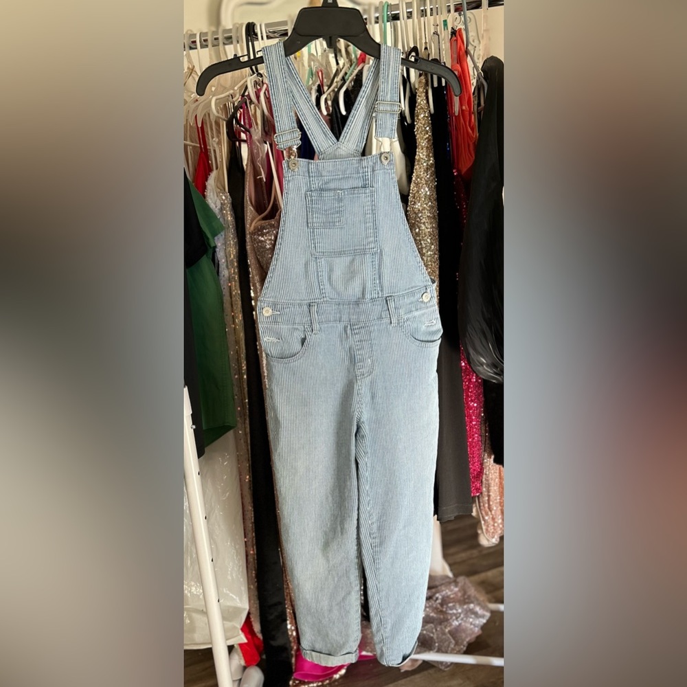 vintage jordache overalls railroad  blue/white stripe denim size kids L 10/12